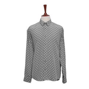 Mens Silk Shirt Button Up Polka Dot Gray White Dress Casual Retro Party Beach XL